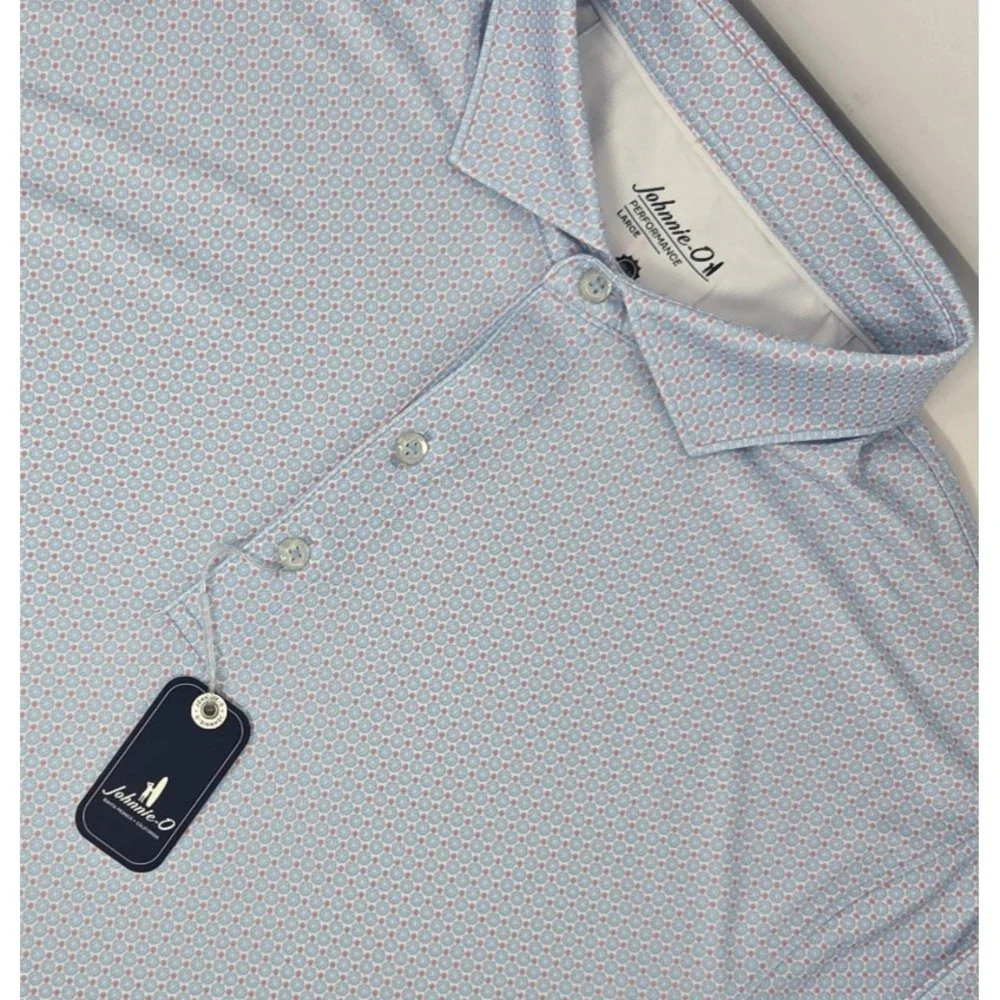 NEW Johnnie-O Performance Julio Polo Mens Large Malibu Blue Geometric AOP NWT